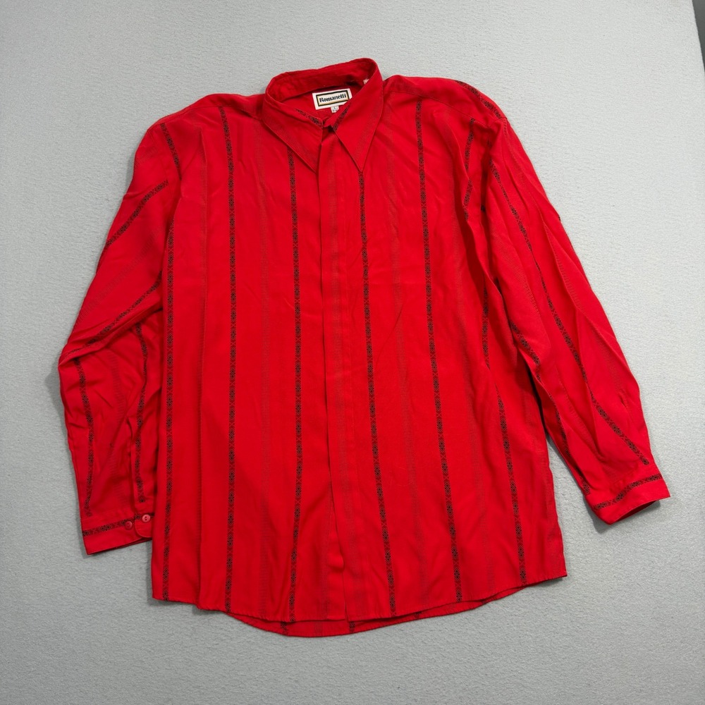 Vintage Romanelli Button Shirt Men's Large Red Long Sleeve Vertical Stripe 80s